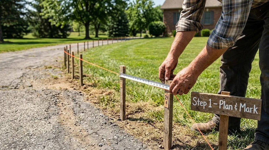 How to edge a driveway like a pro – step 1 planning and marking the driveway with stakes and mason's line.