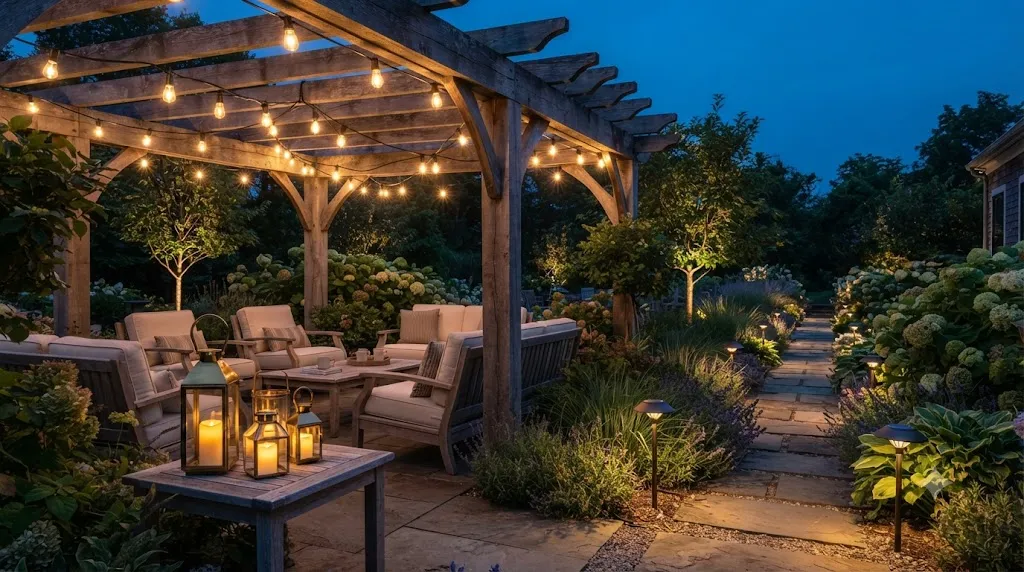 Stunning garden decor ideas that definitely don't look cheap – layered garden lighting with string lights, path lights, and lanterns at dusk.
