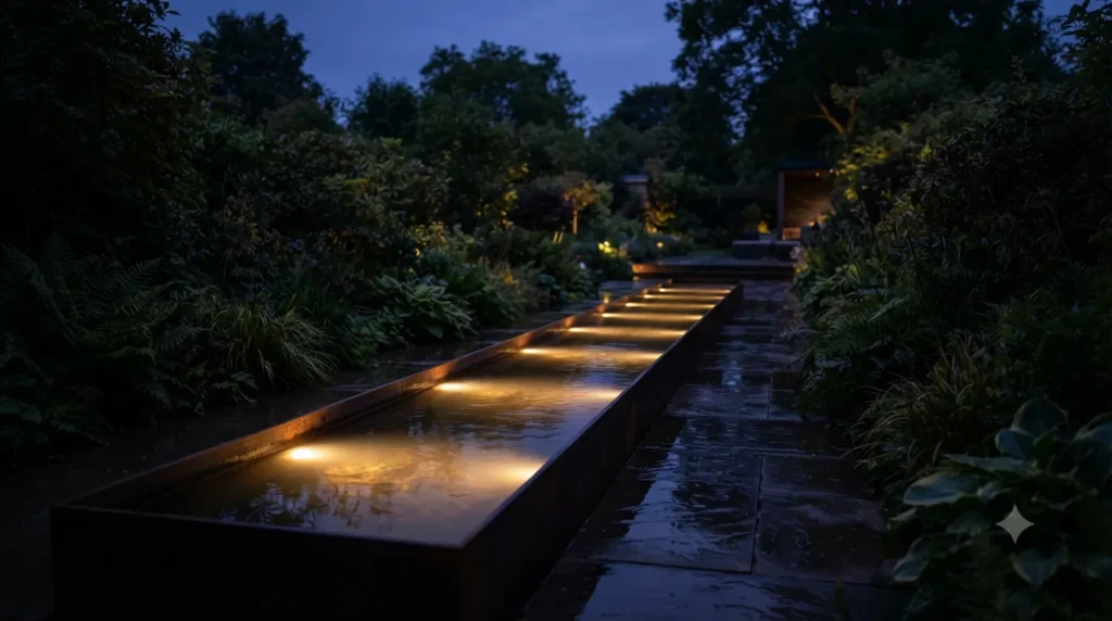 Rill and stream garden water feature ideas – evening rill with warm LED lighting creating a golden glow on the water.