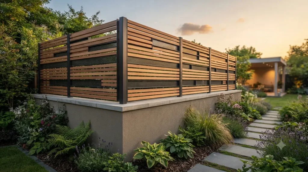 Privacy fence ideas that actually look stylish – mixed-material fence with stone base and timber-metal screen.