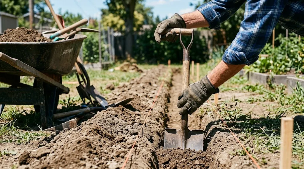 How to edge a driveway like a pro – step 2 digging a trench along the marked line for edging installation.