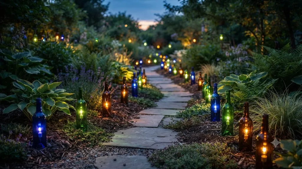 Stunning garden decor ideas that definitely don't look cheap – upcycled glass bottle pathway lighting with colorful LED glow.