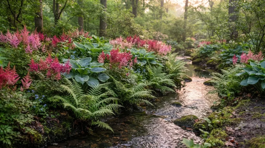 Rill and stream garden water feature ideas – lush planting along a garden stream with astilbes, hostas, and ferns.