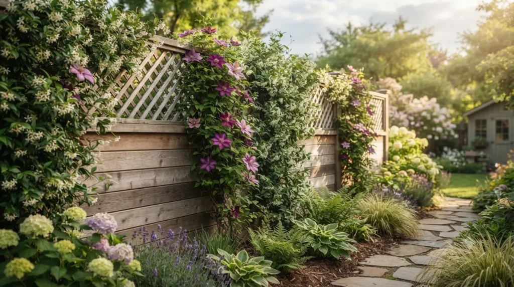 Privacy fence ideas that actually look stylish – trellis-top fence with climbing jasmine creating a living wall effect.