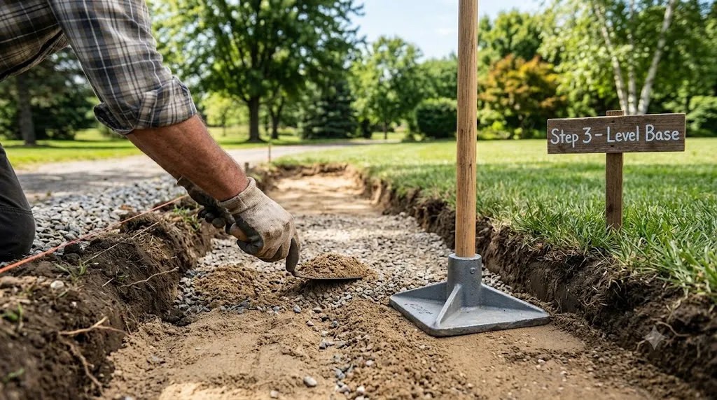 How to edge a driveway like a pro – step 3 leveling the trench base with sand and compacting with a hand tamper.