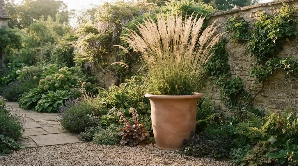 Stunning garden decor ideas that definitely don't look cheap – large matte terracotta planter with tall ornamental grass creating sculptural impact.