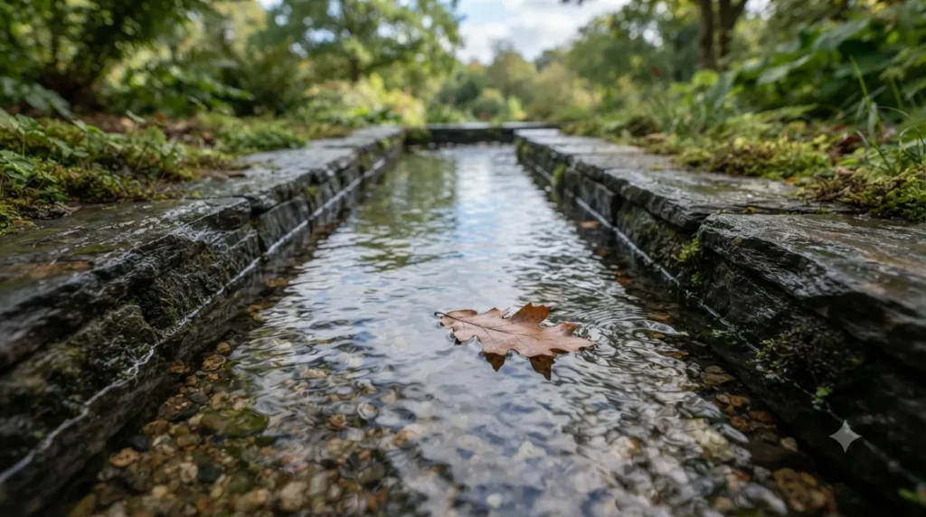 Rill and stream garden water feature ideas – close-up of a dark slate rill with clear flowing water reflecting the sky.