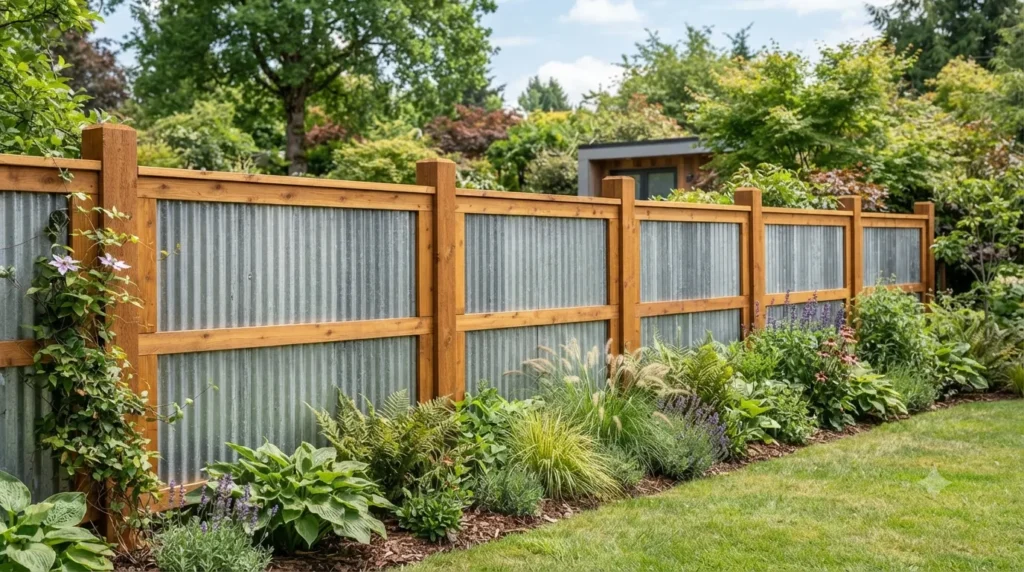Privacy fence ideas that actually look stylish – corrugated metal fence with warm wood frame and posts.