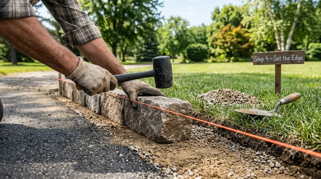 How to edge a driveway like a pro – step 4 installing Belgian blocks snugly against the driveway with a rubber mallet.