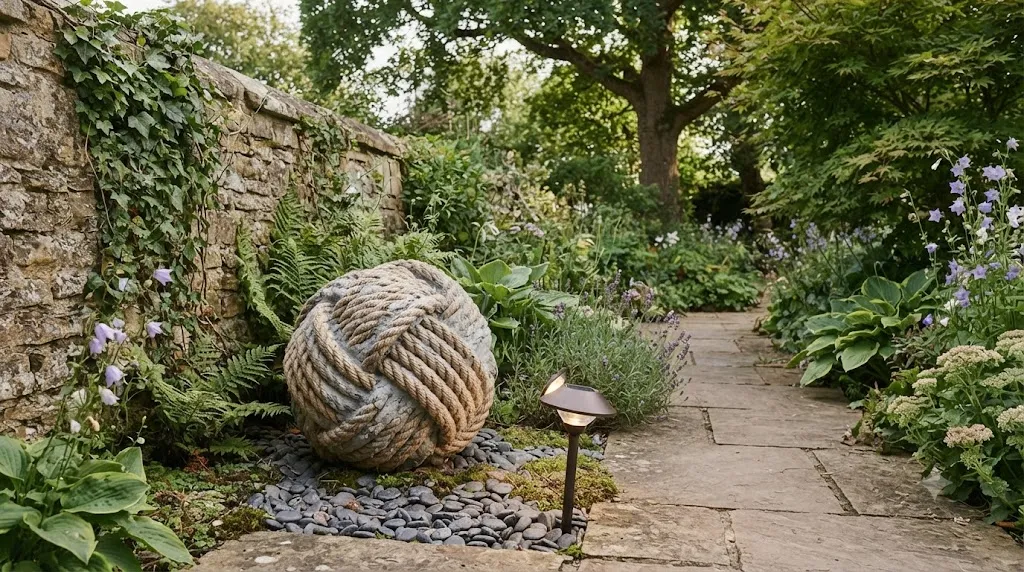 Stunning garden decor ideas that definitely don't look cheap – sculptural cement rope orb as a garden focal point.