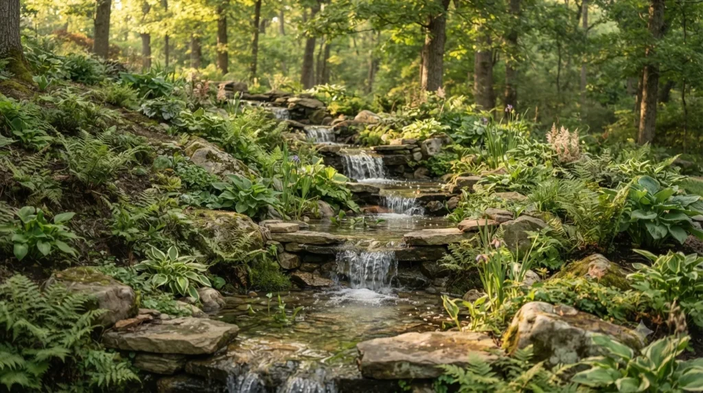 Rill and stream garden water feature ideas – hillside cascade with water tumbling over stones into shallow pools.