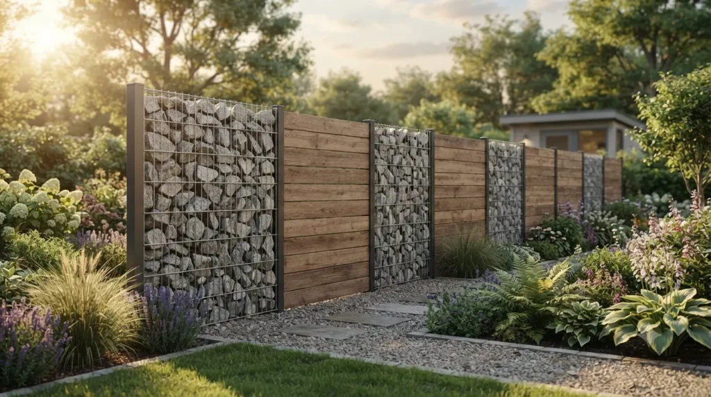 Privacy fence ideas that actually look stylish – gabion wire and stone wall fence alternating with wood panels.