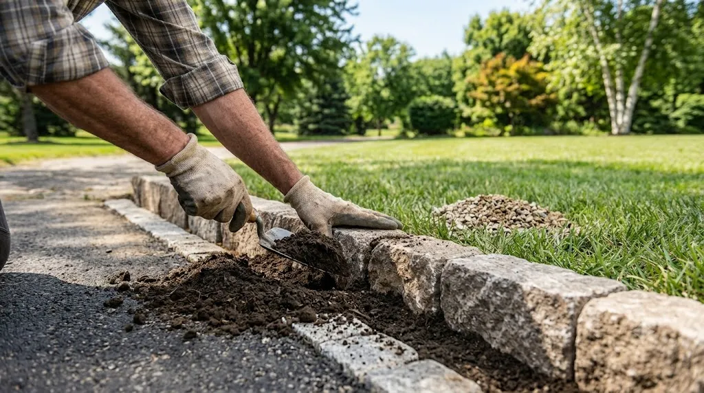 How to edge a driveway like a pro – step 5 backfilling the trench behind the edging with soil and compacting firmly.