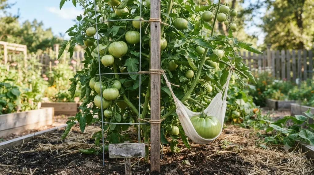 How to grow massive tomatoes – step 5 pruning suckers to focus energy on one main stem and giant fruit.