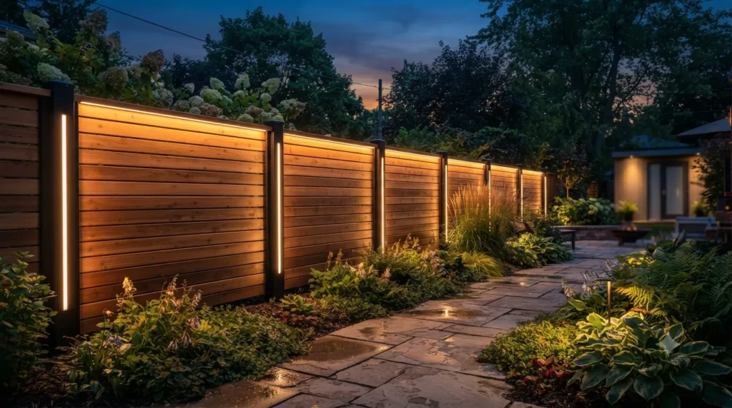 Privacy fence ideas that actually look stylish – modern fence with integrated warm LED lighting at dusk.