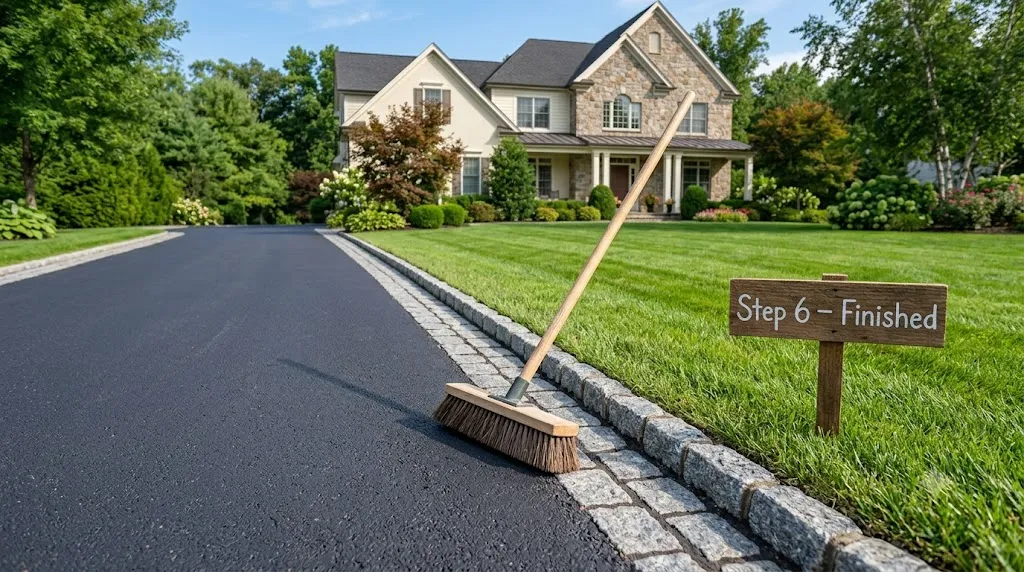 How to edge a driveway like a pro – step 6 finished driveway with crisp Belgian block edging and lush green lawn.
