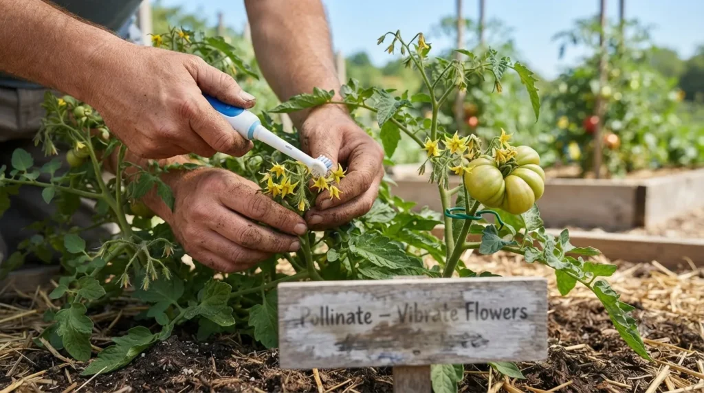 How to grow massive tomatoes – step 6 using heavy-duty stakes and hammocks to support giant tomato fruits.