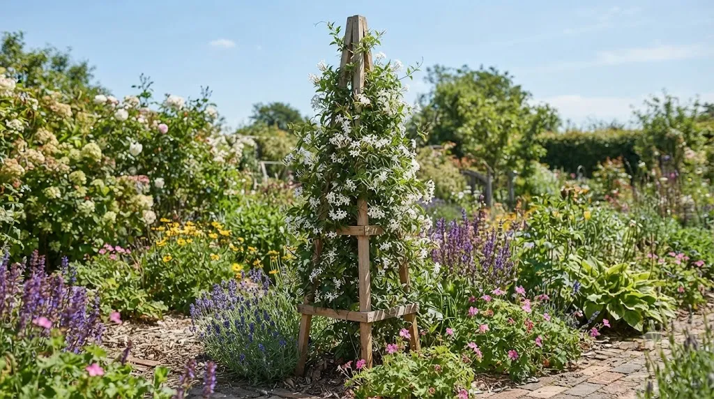 Stunning garden decor ideas that definitely don't look cheap – wooden obelisk with climbing jasmine as a garden focal point.