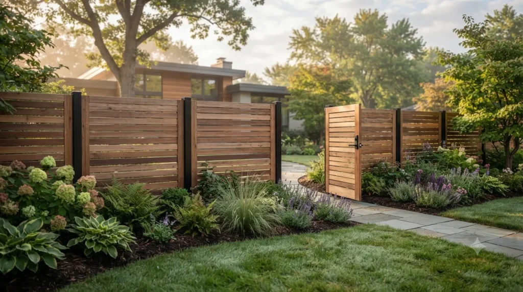 Privacy fence ideas that actually look stylish – partial slatted privacy fence and gate in a front yard garden.