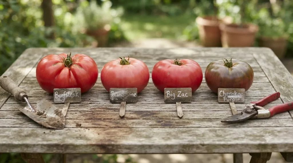 How to grow massive tomatoes – four giant tomato varieties: Beefsteak, Brandywine, Big Zac, and Cherokee Purple.