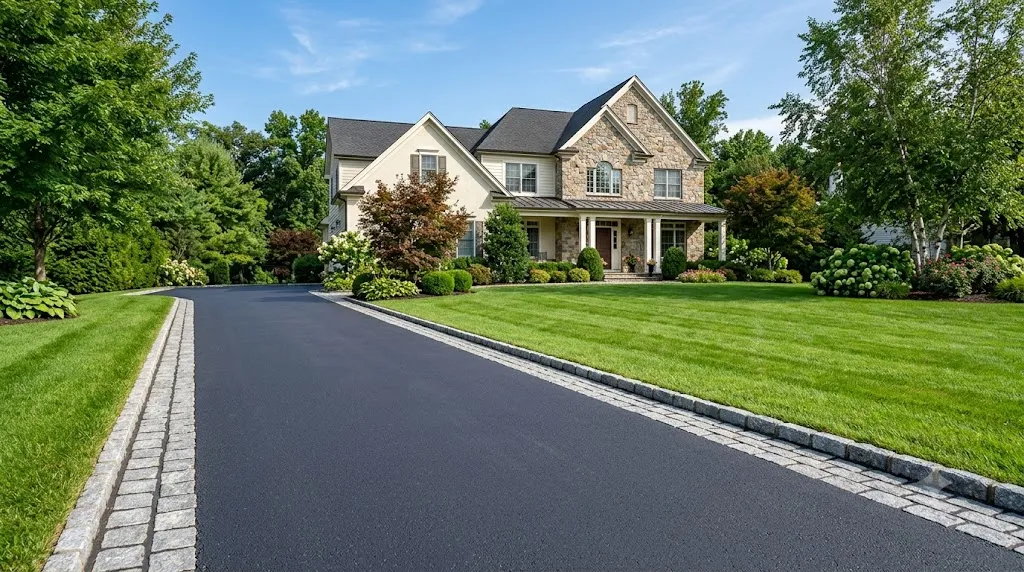 How to edge a driveway like a pro – featured image of a driveway with crisp Belgian block edging and a lush green lawn.