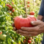 growing giant tomatoes – featured image of hands holding a giant ripe beefsteak tomato in a sunny garden.