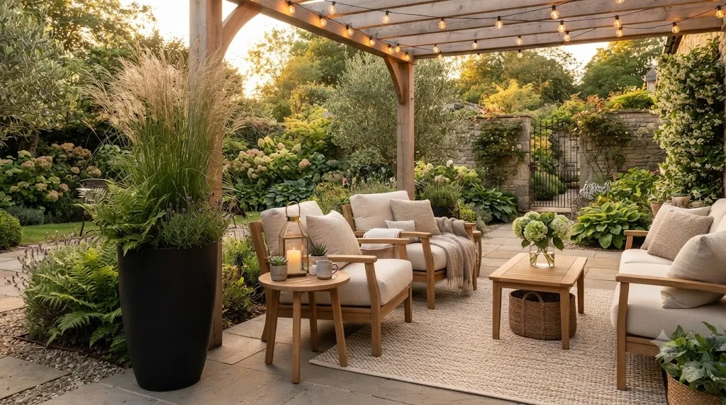 luxury garden decor – featured image of a luxurious garden patio with black planter, warm lighting, and comfortable seating.