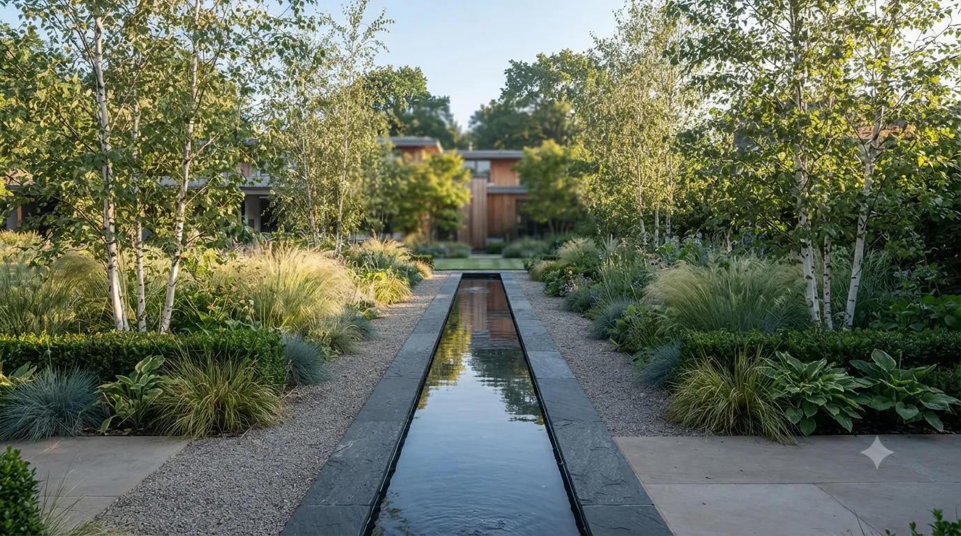 garden water features – a sleek dark slate rill reflecting sky and silver birch trees in a modern garden.