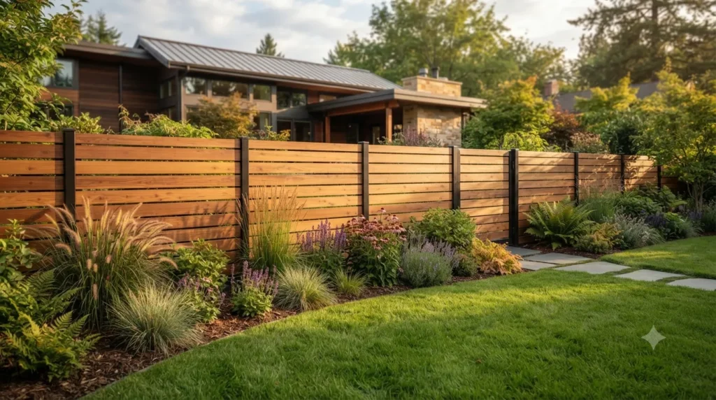 Privacy fence ideas that actually look stylish – featured image of a modern horizontal cedar slat fence with shadow gaps in a landscaped garden.