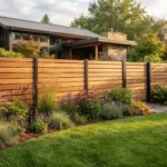 Privacy fence ideas that actually look stylish – featured image of a modern horizontal cedar slat fence with shadow gaps in a landscaped garden.