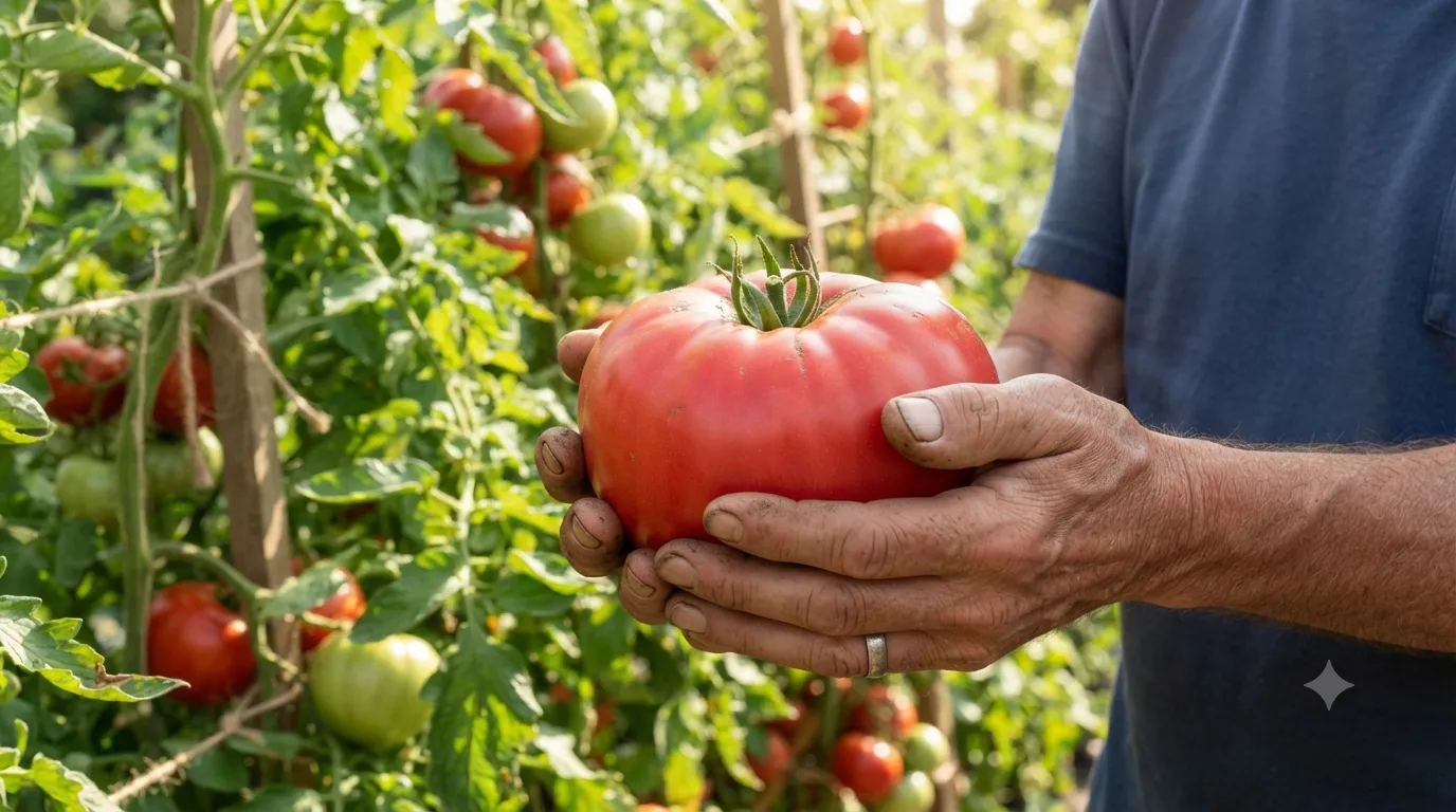 growing giant tomatoes – featured image of hands holding a giant ripe beefsteak tomato in a sunny garden.